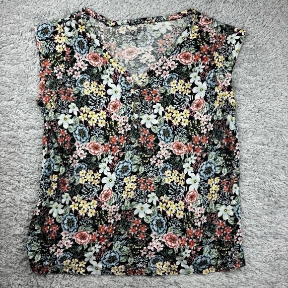 LOFT Top Womens Small Linen Blouse Demure Cutesy Casual Travel Vacation Flowers - Picture 1 of 4